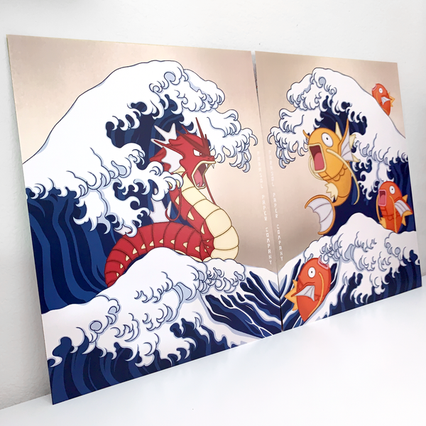 The Great Wave Shiny Gyarados and Magikarp Japanese Art - 14" x 11" large anime manga cardstock art print