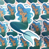 [WATERPROOF] Kawaii Blue Teal Medium Dark Skin Tan Sitting Mermaid - Vinyl Sticker Decal