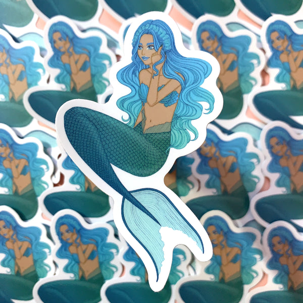 [WATERPROOF] Kawaii Blue Teal Medium Dark Skin Tan Sitting Mermaid - Vinyl Sticker Decal