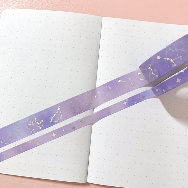 Washi Tape - 15mm/7mm Soft Galaxy Purple Constellation Foiled Washi Tape Set